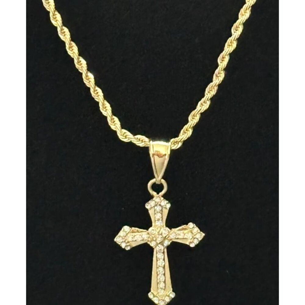 18K Gold Filled Catholic CZ Cross Pendant Necklace | 20" 4mm Rope Chain